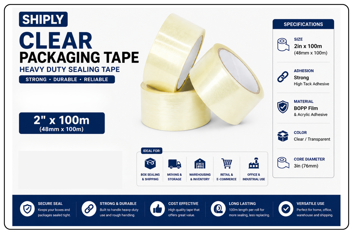 2" x 100m Shiply Packaging Tape - Clear