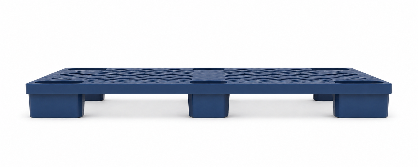 Side angle of Shiply blue nestable plastic pallet