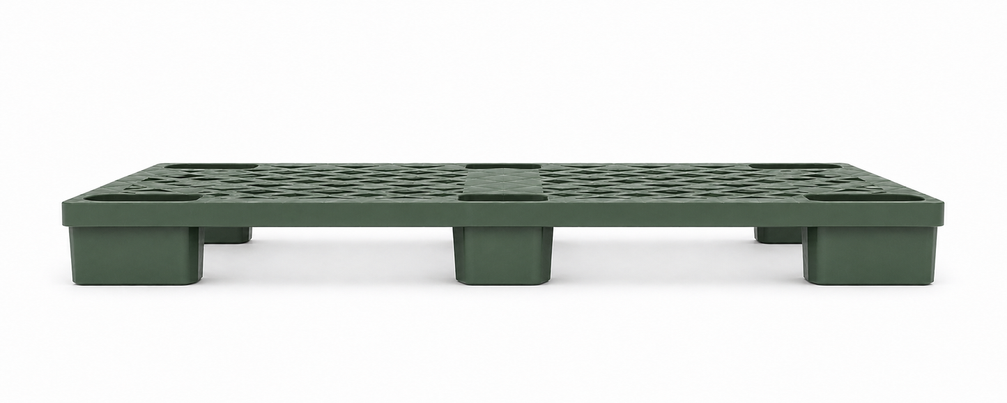 Side angle of Shiply green nestable plastic pallet